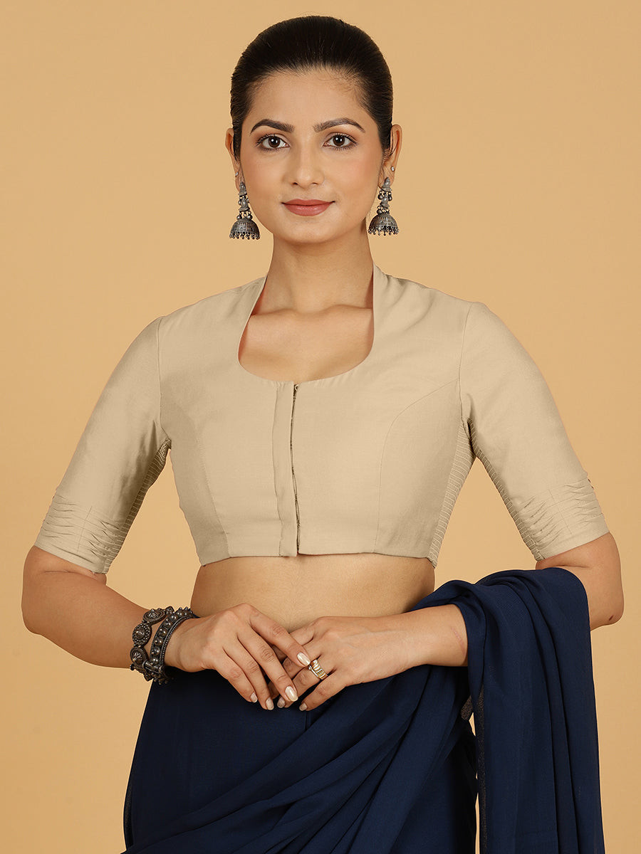 Salma x Rozaana Saree Blouse, in Grey Viscose, featuring elbow sleeves and pot neckline, made for daily & work.