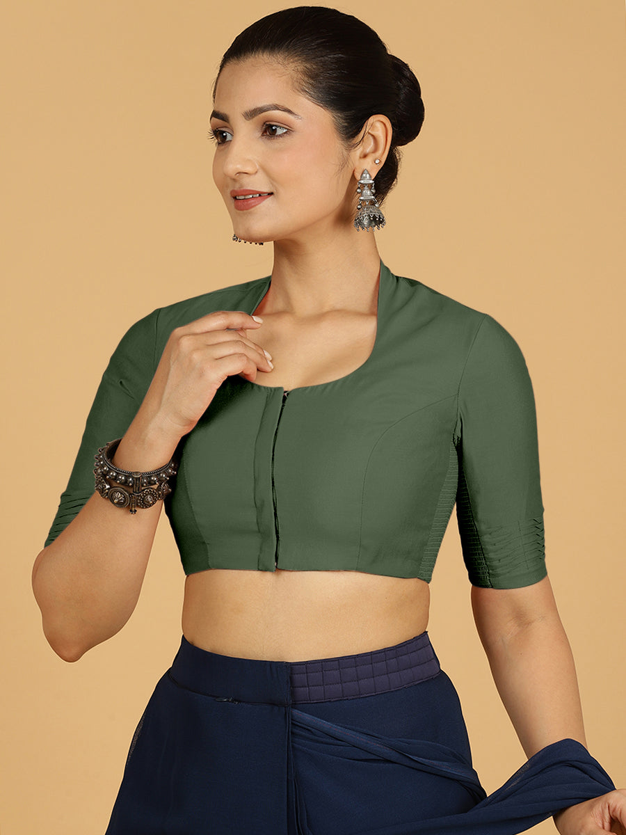 Salma x Rozaana Saree Blouse, in Green Viscose, featuring elbow sleeves and pot neckline, made for daily & work (view 6).