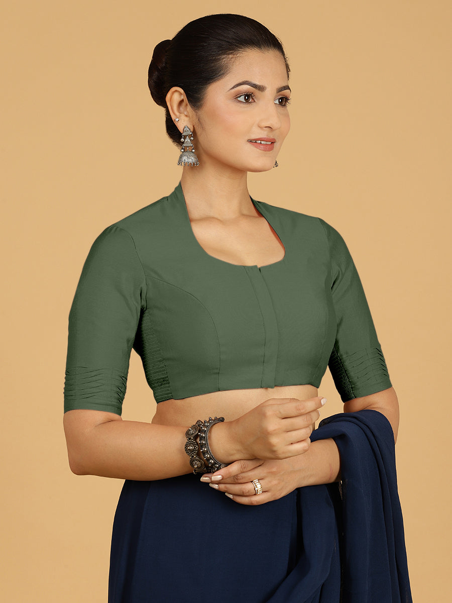 Salma x Rozaana Saree Blouse, in Green Viscose, featuring elbow sleeves and pot neckline, made for daily & work (view 7).