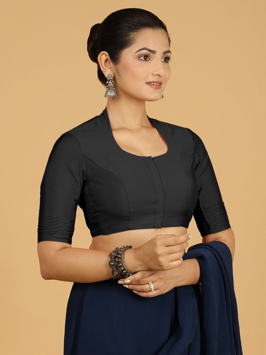 Salma x Rozaana Saree Blouse, in Black Viscose, featuring elbow sleeves and pot neckline, made for daily & work (view 7).