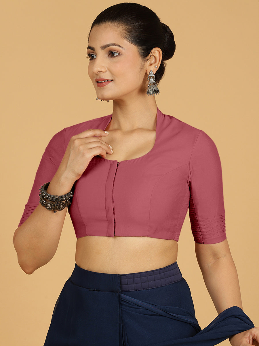 Salma x Rozaana Saree Blouse, in Pink Viscose, featuring elbow sleeves and pot neckline, made for daily & work (view 6).