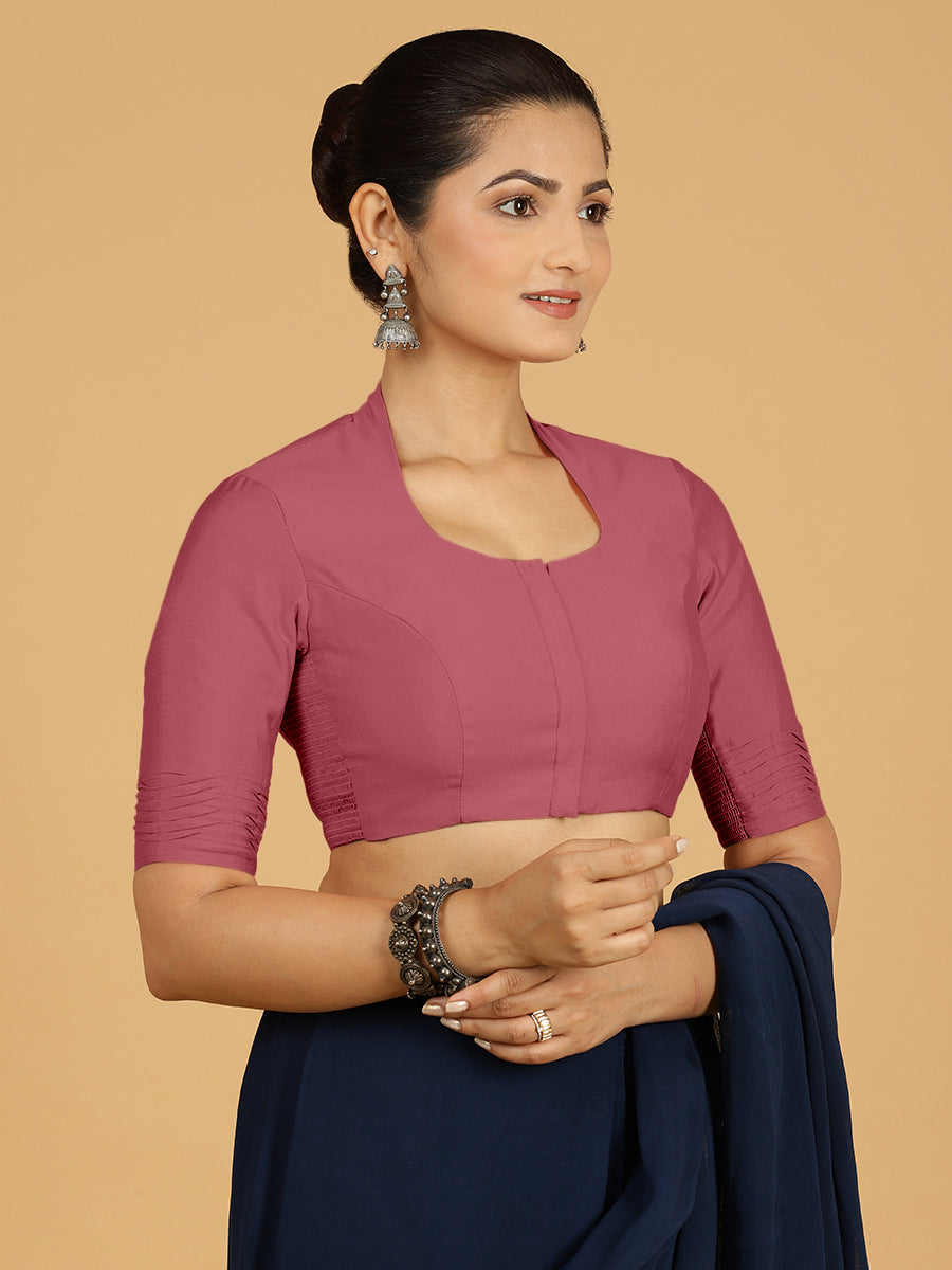 Salma x Rozaana Saree Blouse, in Pink Viscose, featuring elbow sleeves and pot neckline, made for daily & work (view 7).