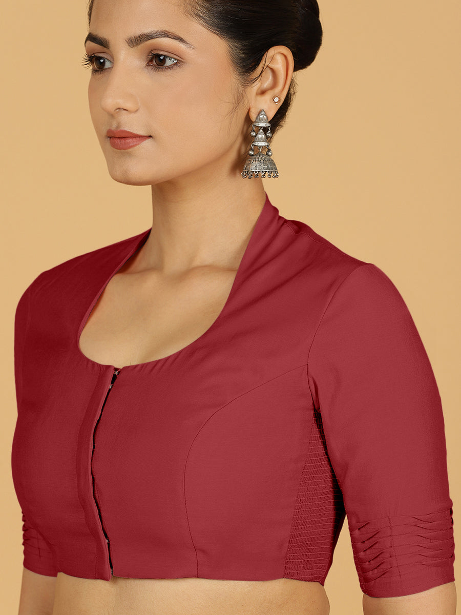 Salma x Rozaana Saree Blouse, in Red Viscose, featuring elbow sleeves and pot neckline, made for daily & work (view 5).