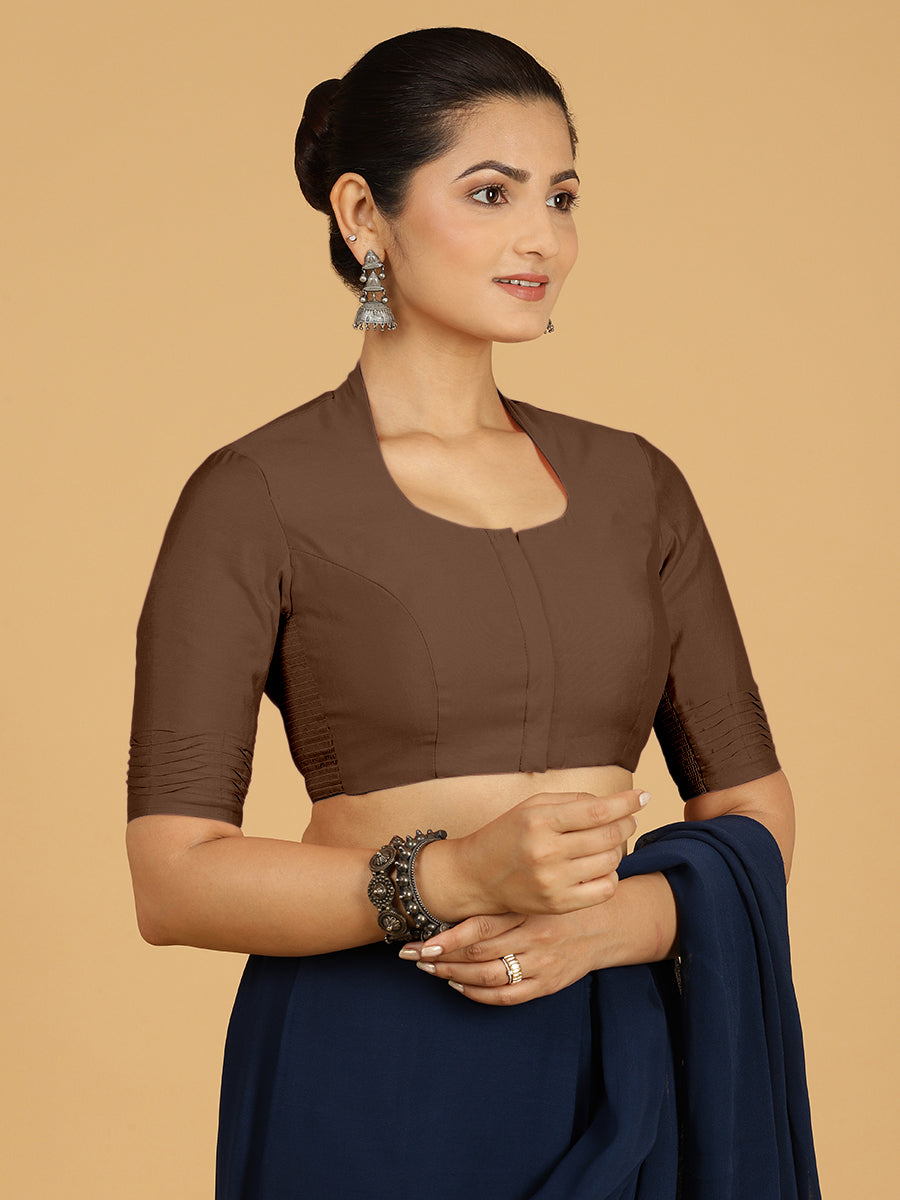 Salma x Rozaana Saree Blouse, in Brown Viscose, featuring elbow sleeves and pot neckline, made for daily & work.
