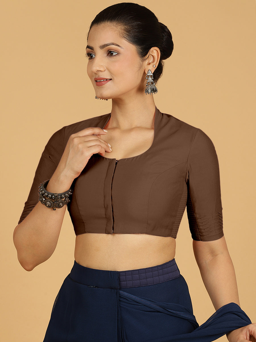 Salma x Rozaana Saree Blouse, in Brown Viscose, featuring elbow sleeves and pot neckline, made for daily & work (view 6).