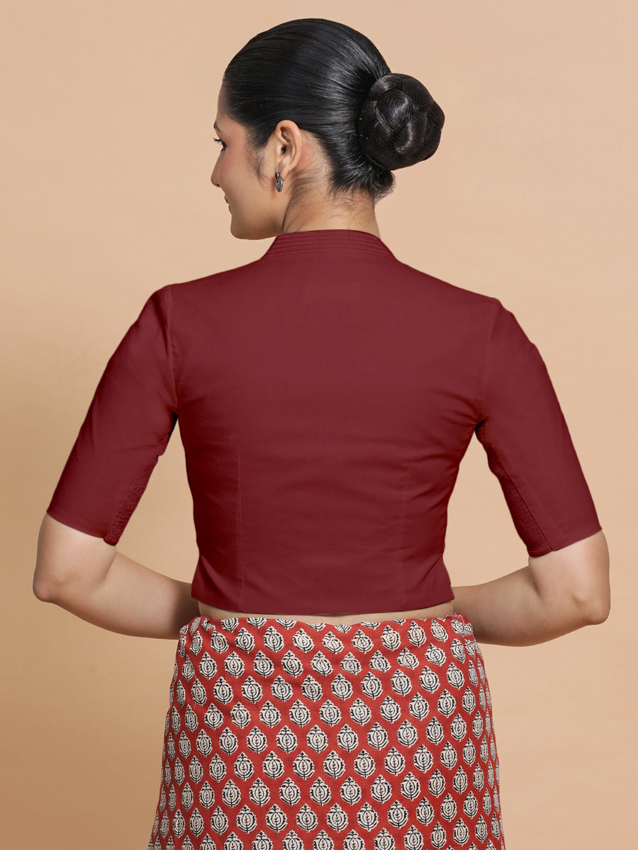Saloni x Rozaana Saree Blouse, in Red Linen, featuring elbow sleeves and stylised neckline, made for daily & work (view 2).