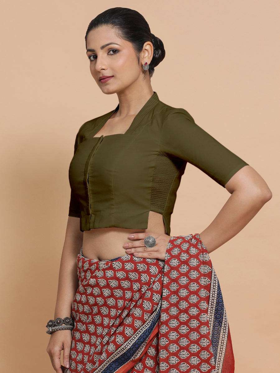 Saloni x Rozaana Saree Blouse, in Green Linen, featuring elbow sleeves and stylised neckline, made for daily & work (view 5).