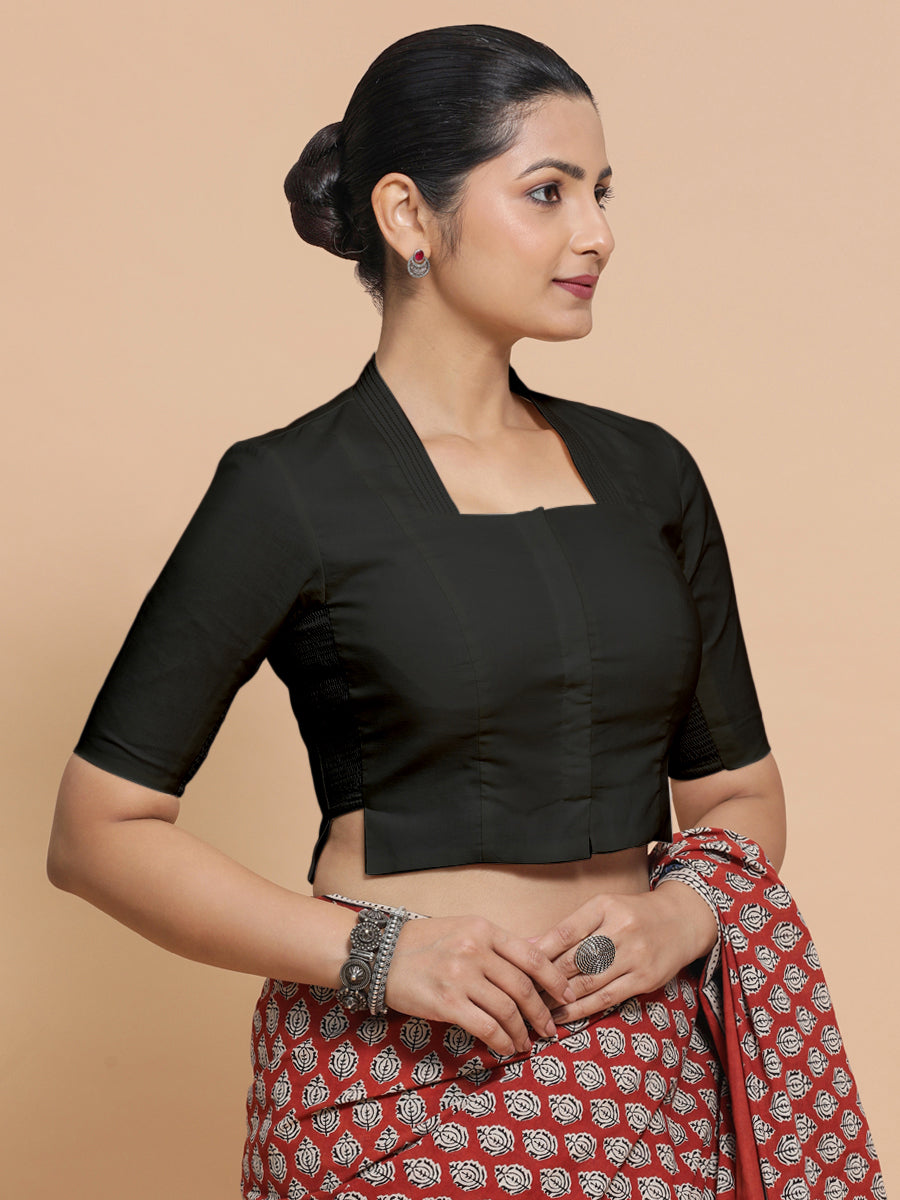 Saloni x Rozaana Saree Blouse, in Black Linen, featuring elbow sleeves and stylised neckline, made for daily & work.