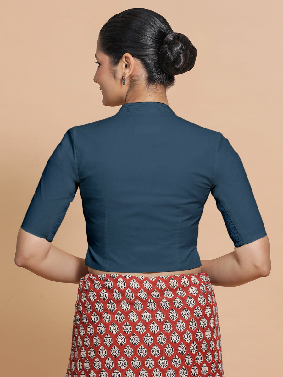 Saloni x Rozaana Saree Blouse, in Blue Linen, featuring elbow sleeves and stylised neckline, made for daily & work (view 2).