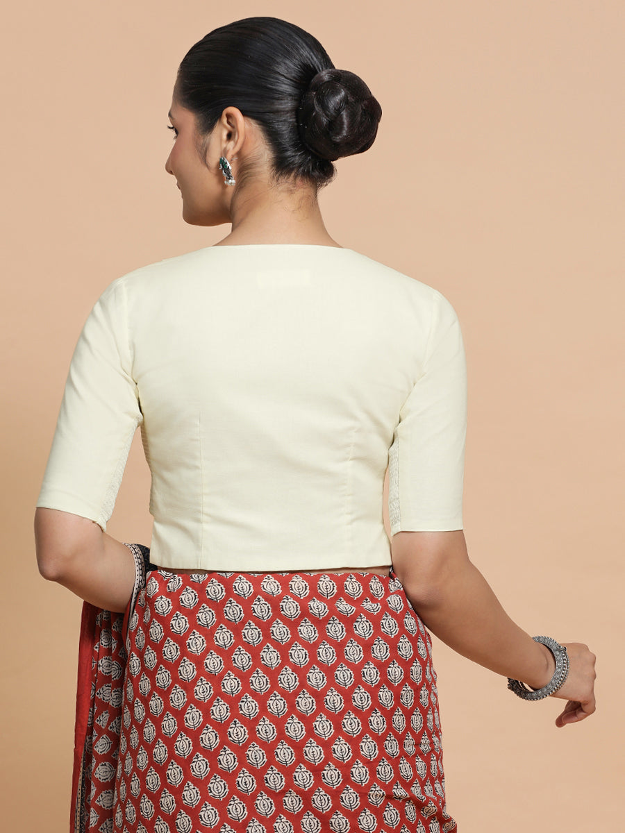 Seema x Rozaana Saree Blouse, in White Linen, featuring elbow sleeves and round neckline, made for daily & work (view 2).