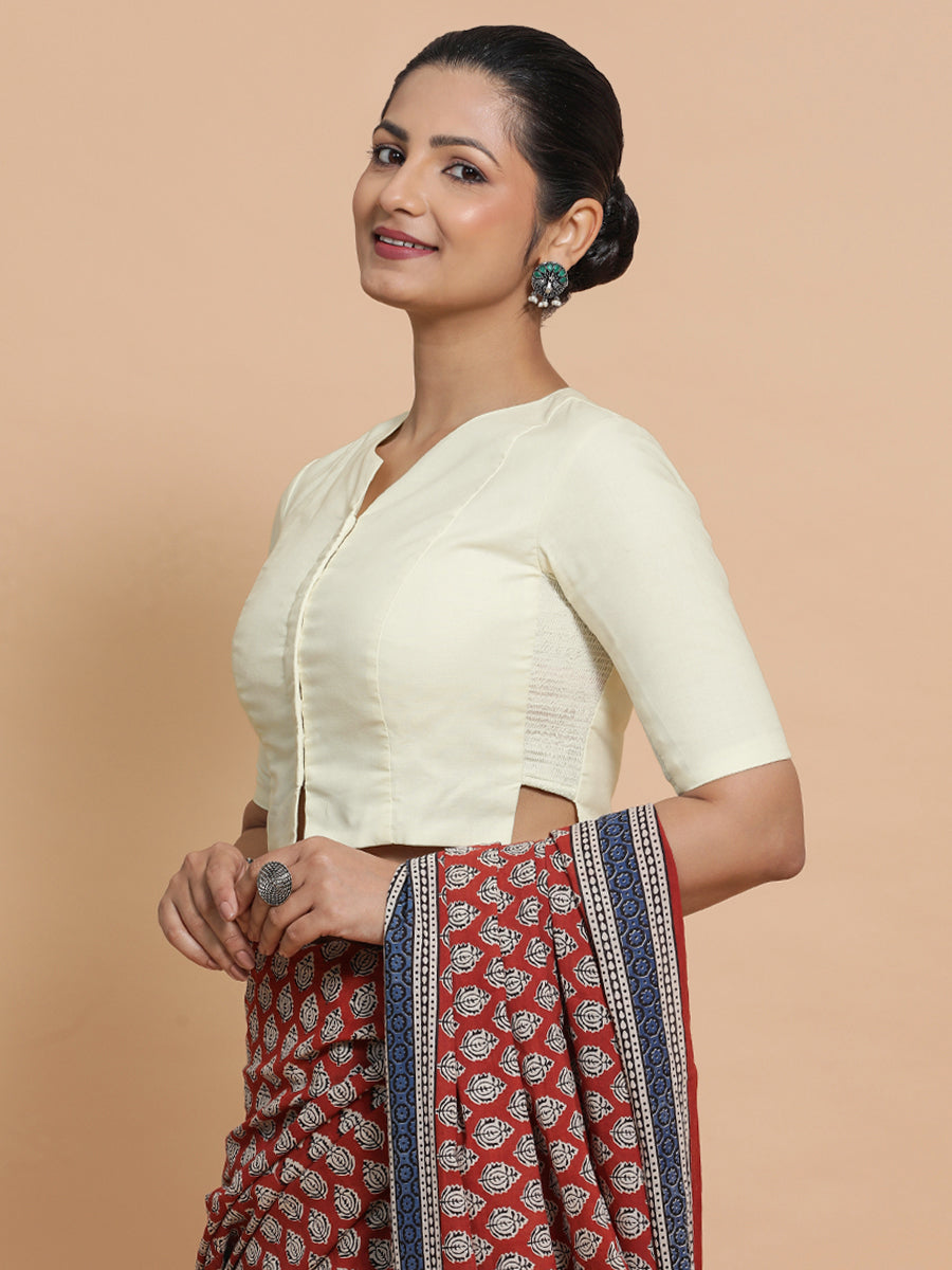 Seema x Rozaana Saree Blouse, in White Linen, featuring elbow sleeves and round neckline, made for daily & work (view 5).