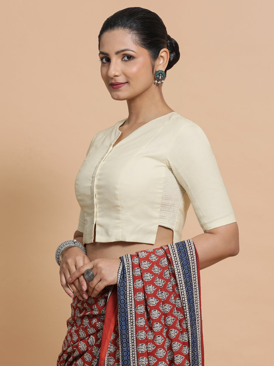 Seema x Rozaana Saree Blouse, in White Linen, featuring elbow sleeves and round neckline, made for daily & work (view 7).