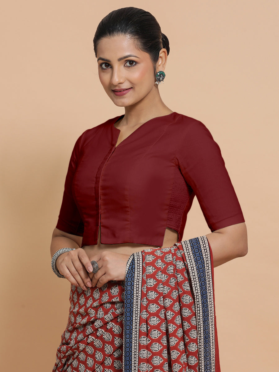 Seema x Rozaana Saree Blouse, in Red Linen, featuring elbow sleeves and round neckline, made for daily & work (view 7).