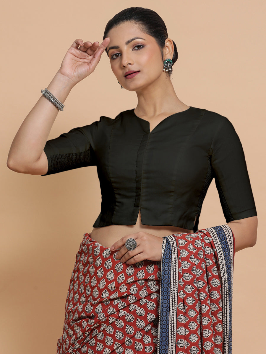 Seema x Rozaana Saree Blouse, in Black Linen, featuring elbow sleeves and round neckline, made for daily & work (view 6).
