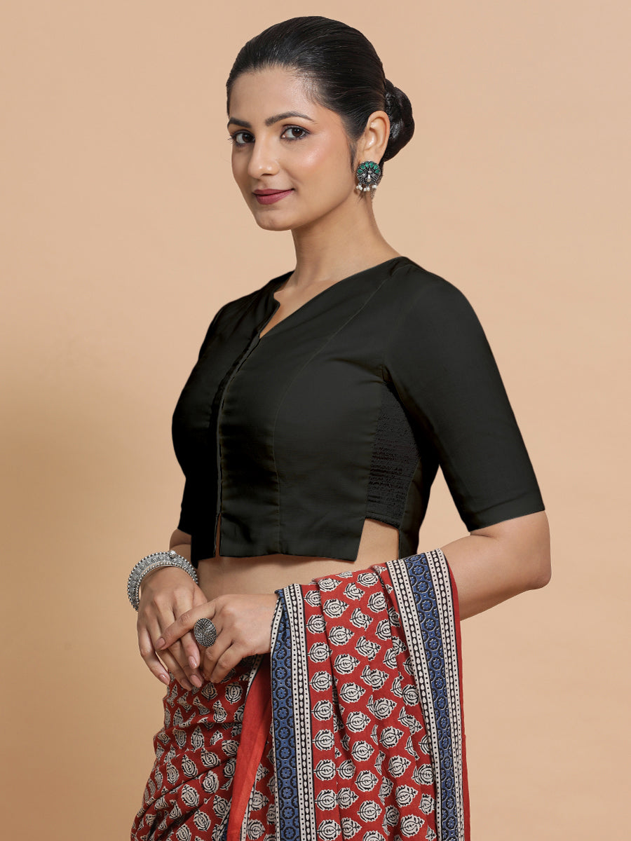 Seema x Rozaana Saree Blouse, in Black Linen, featuring elbow sleeves and round neckline, made for daily & work (view 7).