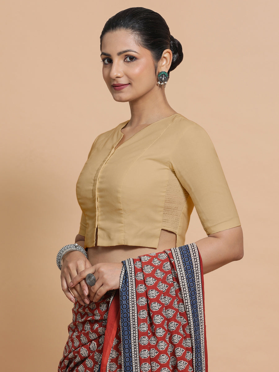 Seema x Rozaana Saree Blouse, in Beige Linen, featuring elbow sleeves and round neckline, made for daily & work (view 7).