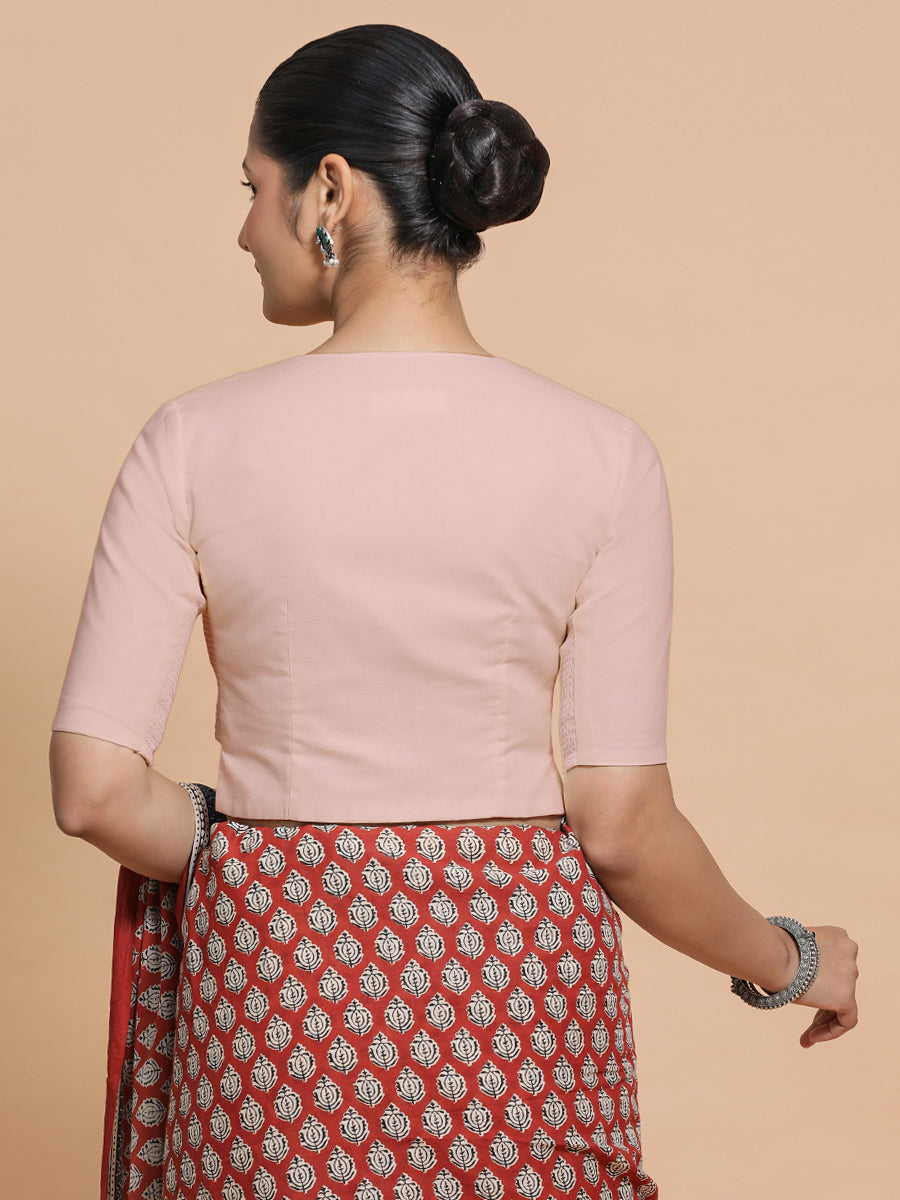 Seema x Rozaana Saree Blouse, in Pink Linen, featuring elbow sleeves and round neckline, made for daily & work (view 2).