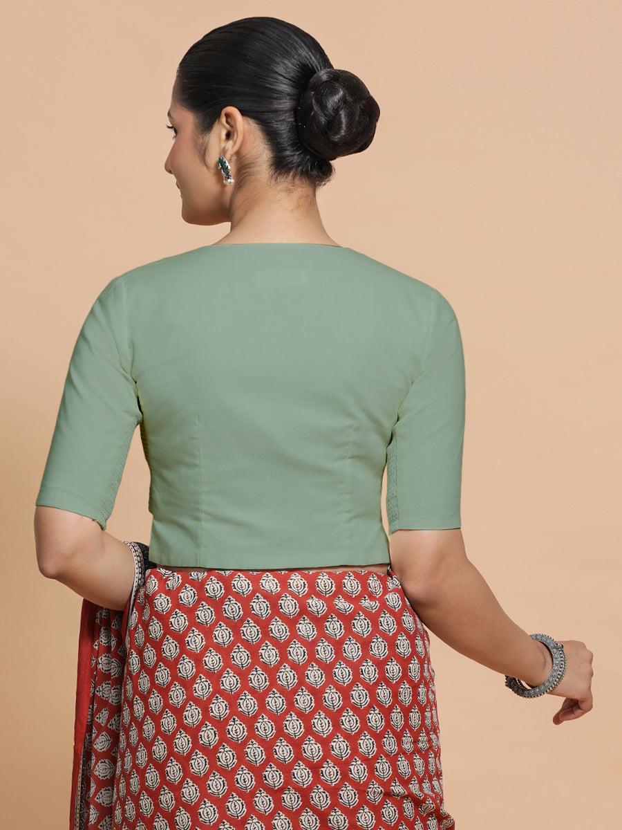 Seema x Rozaana Saree Blouse, in Green Linen, featuring elbow sleeves and round neckline, made for daily & work (view 2).