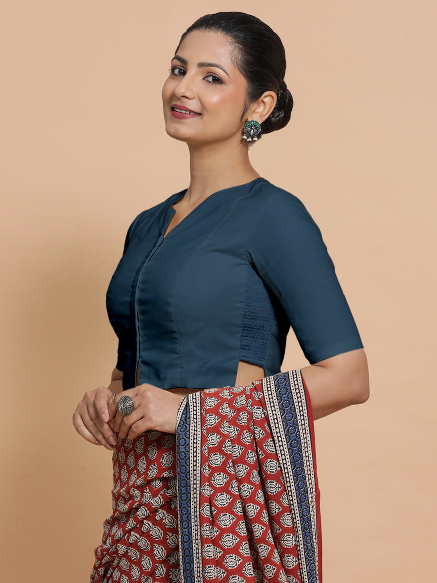 Seema x Rozaana | Elbow Sleeves Saree Blouse in Regal Blue Linen
