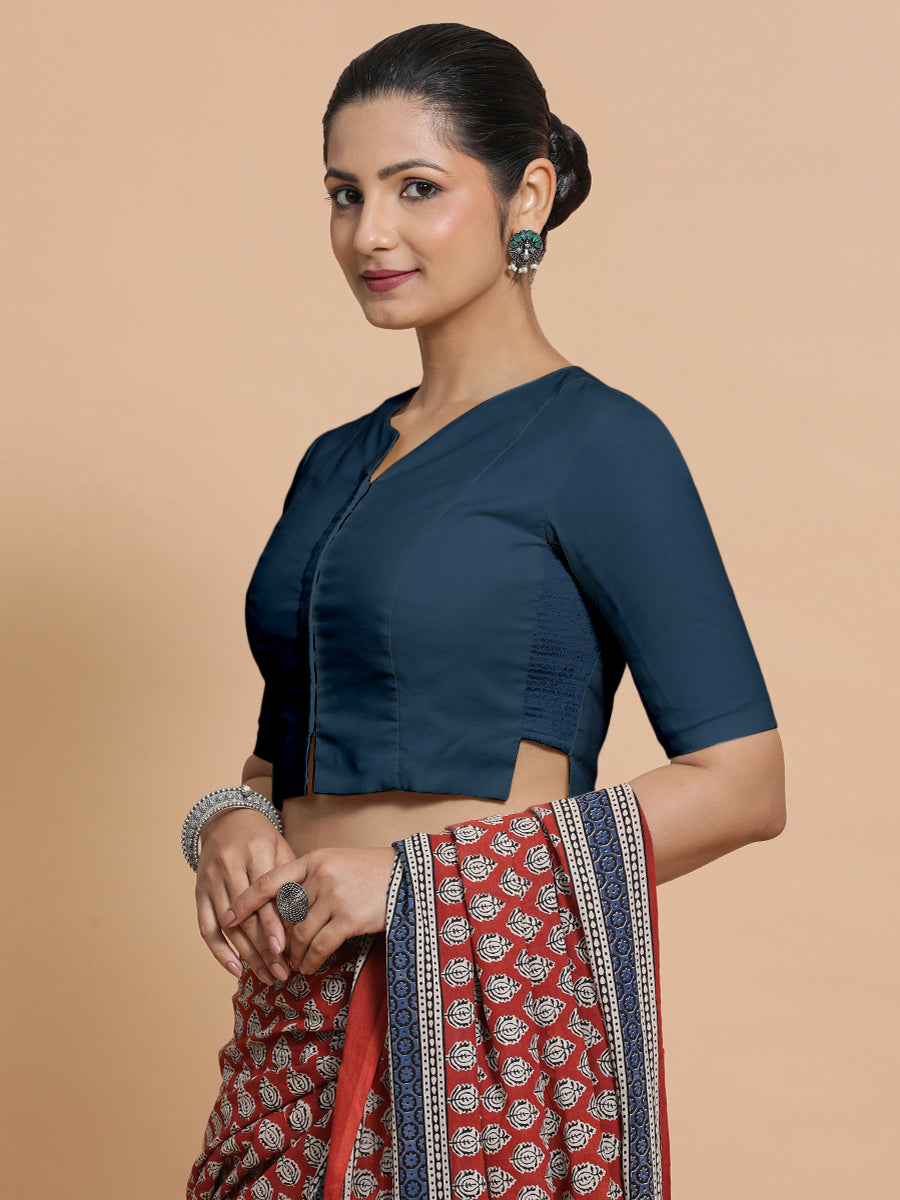 Seema x Rozaana Saree Blouse, in Blue Linen, featuring elbow sleeves and round neckline, made for daily & work (view 6).