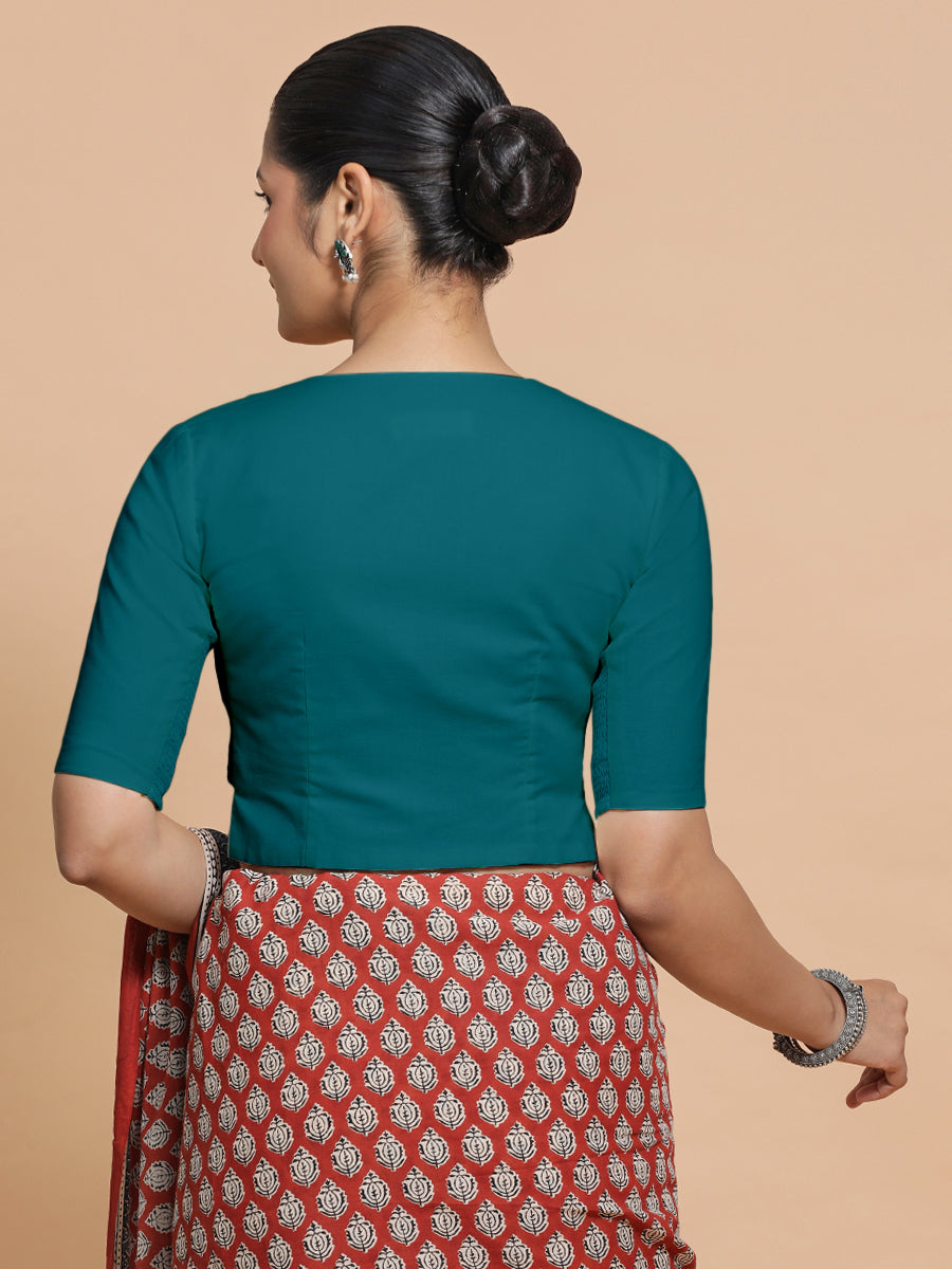 Seema x Rozaana Saree Blouse, in Blue Linen, featuring elbow sleeves and round neckline, made for daily & work (view 2).