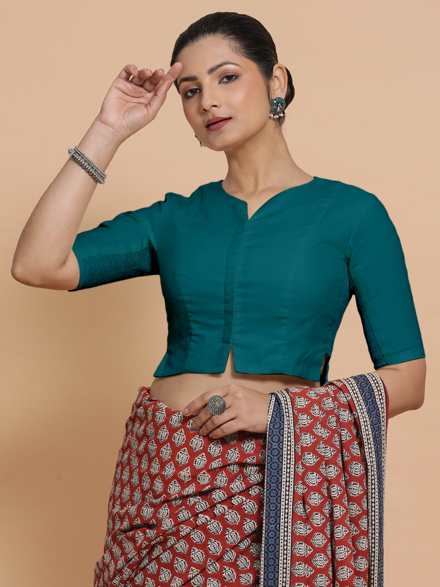 Seema x Rozaana Saree Blouse, in Blue Linen, featuring elbow sleeves and round neckline, made for daily & work (view 6).