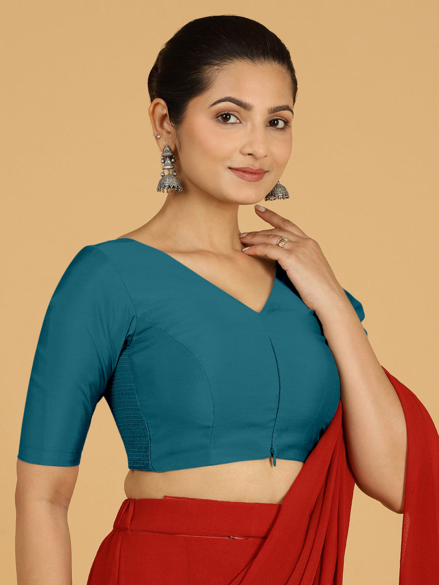 Shabana x Rozaana Saree Blouse, in Blue Viscose, featuring elbow sleeves and curved v-neckline, made for daily & work (view 5).