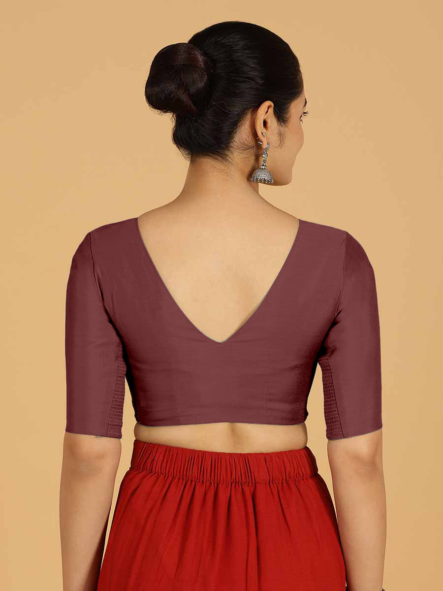 Shabana x Rozaana Saree Blouse, in Maroon Viscose, featuring elbow sleeves and curved v-neckline, made for daily & work.