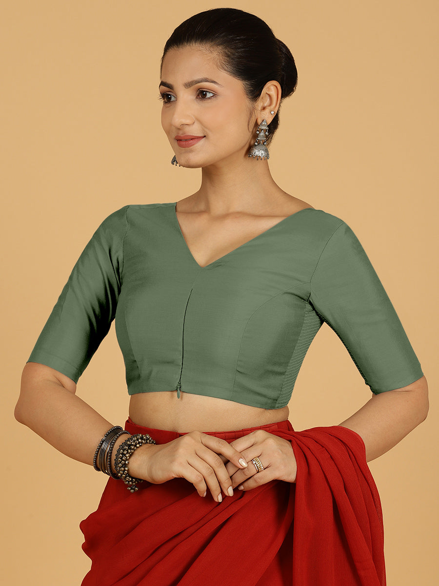 Shabana x Rozaana Saree Blouse, in Green Viscose, featuring elbow sleeves and curved v-neckline, made for daily & work.