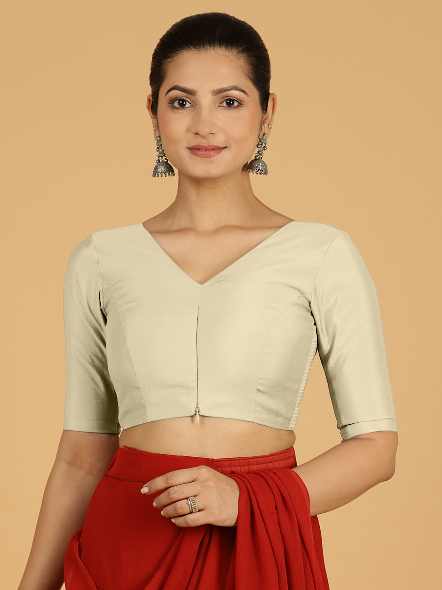 Shabana x Rozaana Saree Blouse, in Cream Viscose, featuring elbow sleeves and curved v-neckline, made for daily & work.