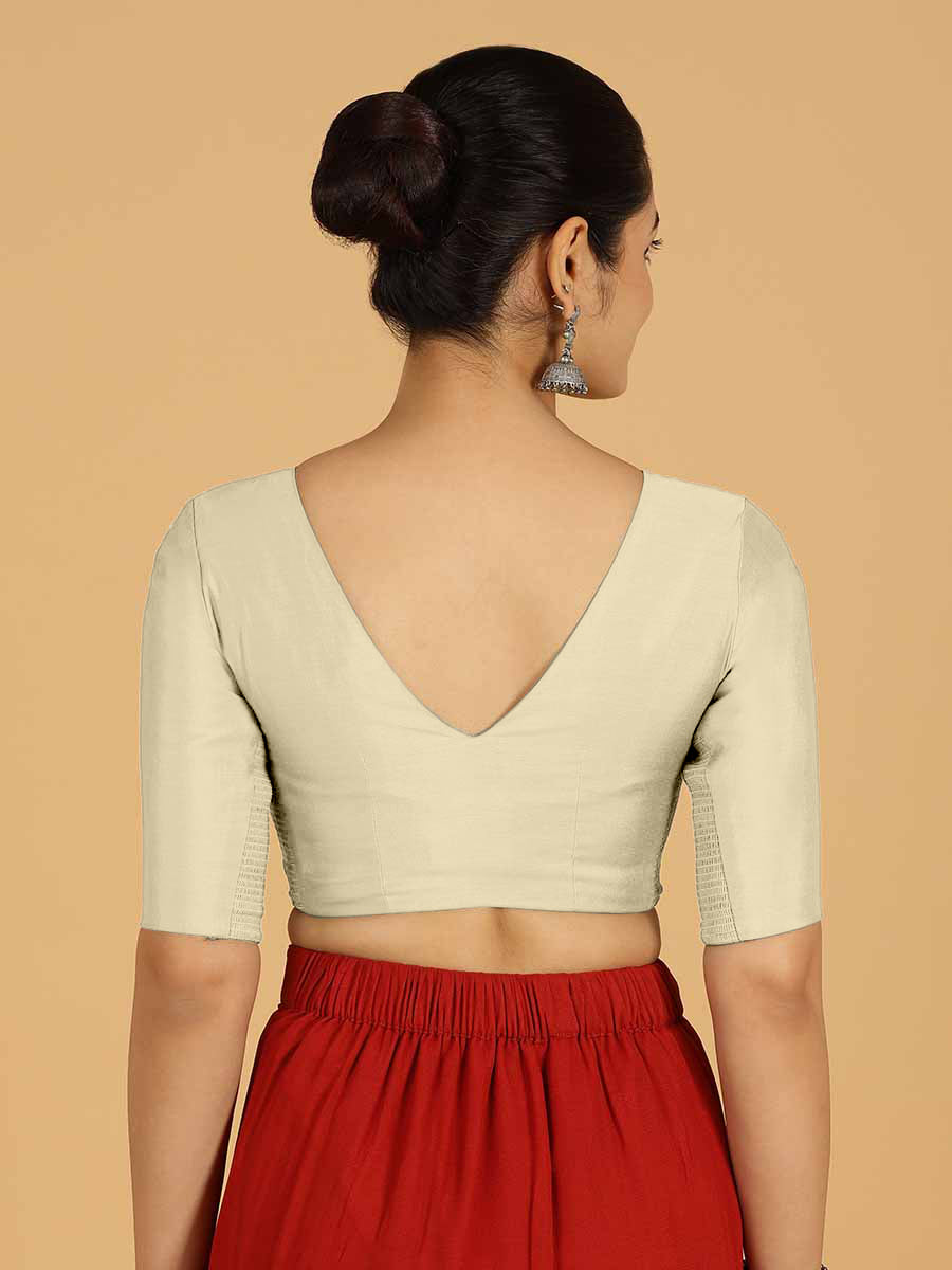 Shabana x Rozaana Saree Blouse, in Cream Viscose, featuring elbow sleeves and curved v-neckline, made for daily & work (view 2).