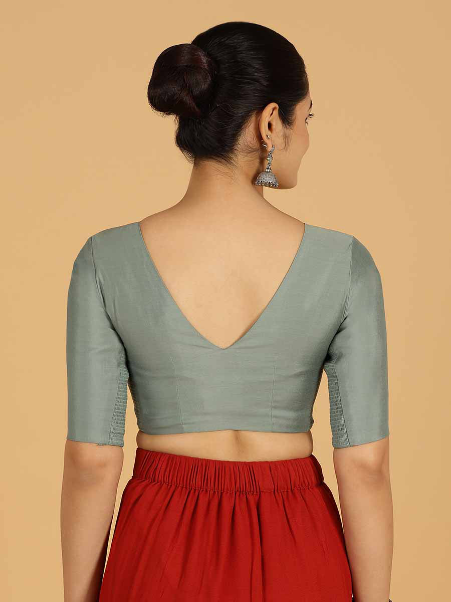 Shabana x Rozaana Saree Blouse, in Green Viscose, featuring elbow sleeves and curved v-neckline, made for daily & work (view 2).