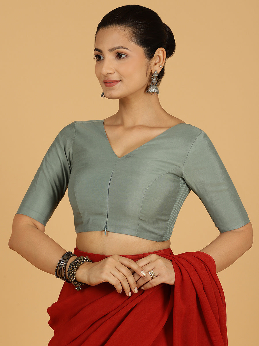Shabana x Rozaana Saree Blouse, in Green Viscose, featuring elbow sleeves and curved v-neckline, made for daily & work (view 7).