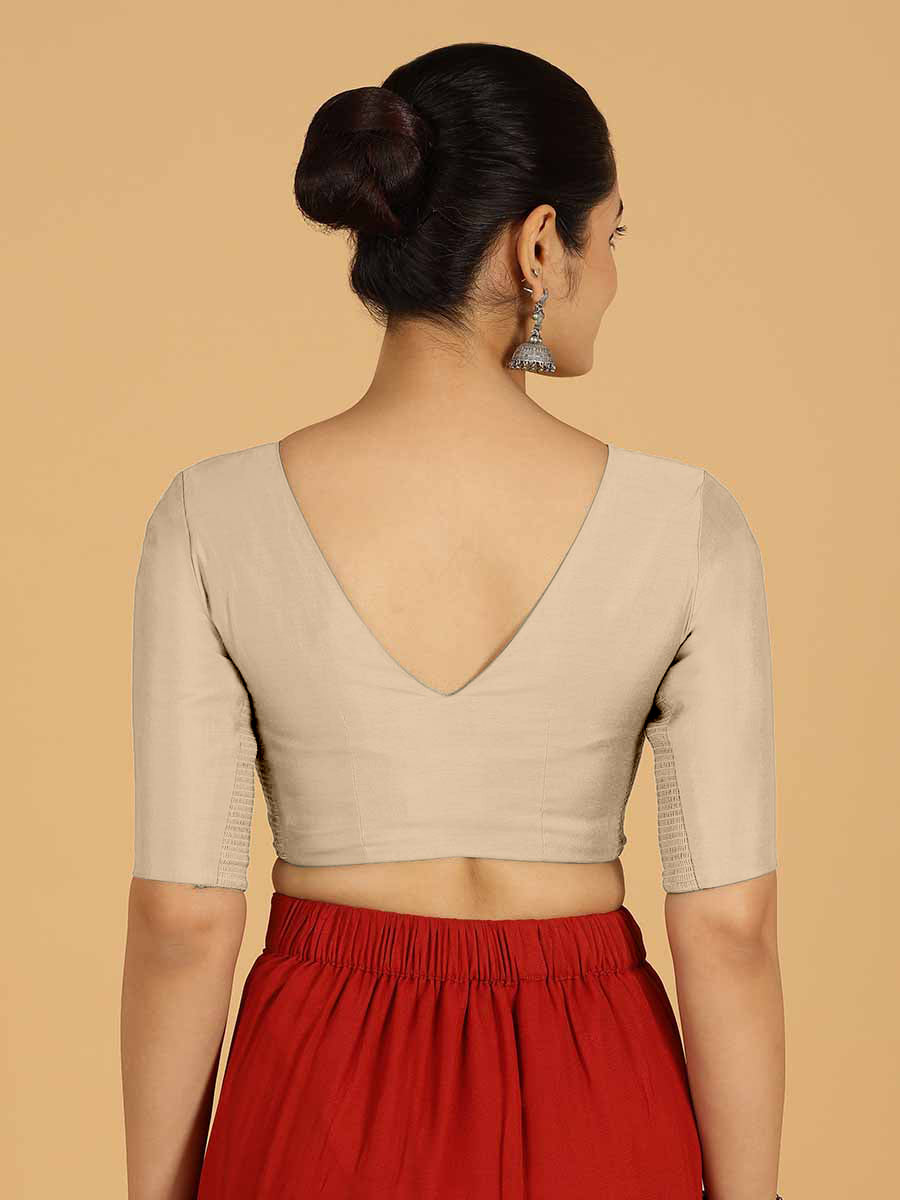 Shabana x Rozaana Saree Blouse, in Grey Viscose, featuring elbow sleeves and curved v-neckline, made for daily & work (view 2).