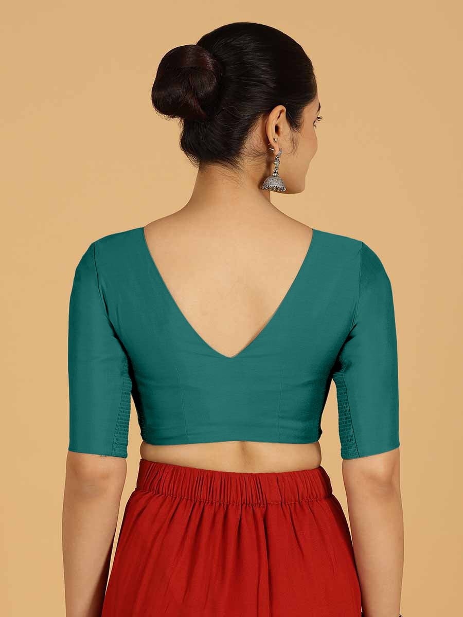 Shabana x Rozaana Saree Blouse, in Green Viscose, featuring elbow sleeves and curved v-neckline, made for daily & work (view 2).