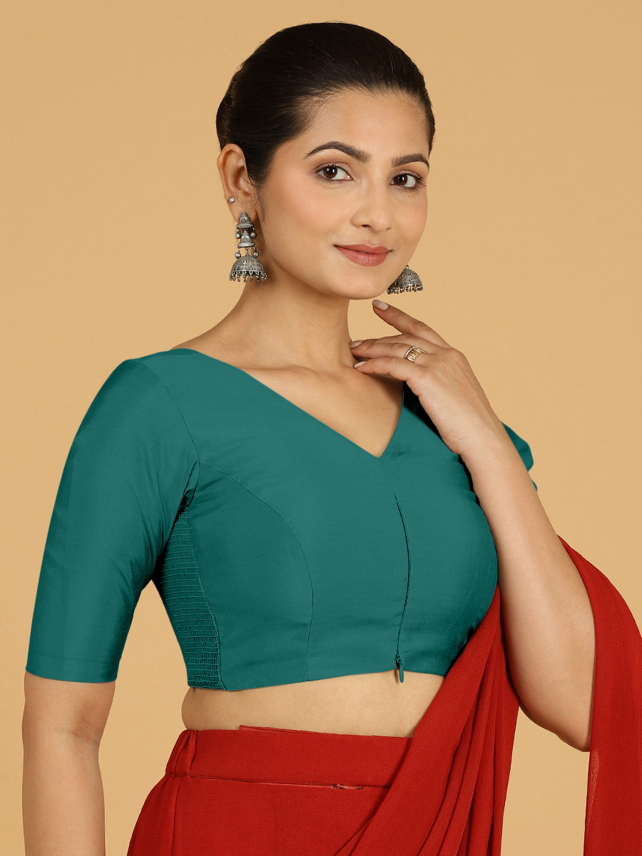 Shabana x Rozaana Saree Blouse, in Green Viscose, featuring elbow sleeves and curved v-neckline, made for daily & work (view 5).