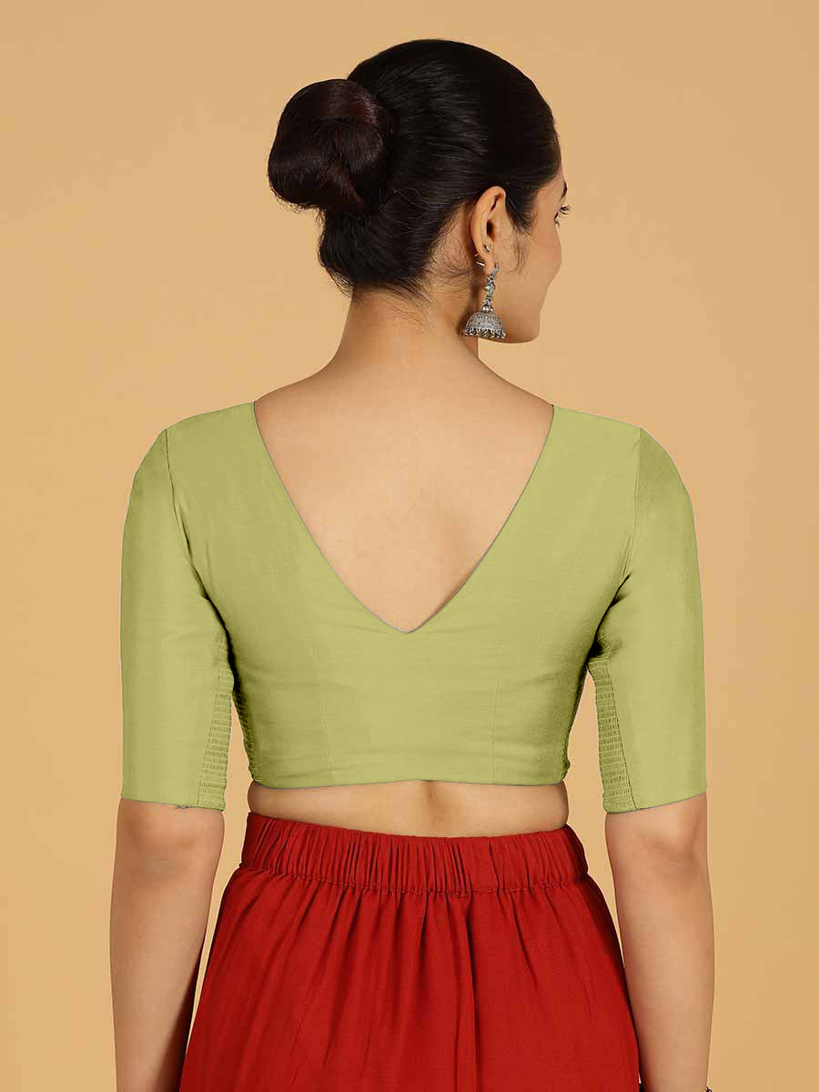 Shabana x Rozaana Saree Blouse, in Green Viscose, featuring elbow sleeves and curved v-neckline, made for daily & work (view 2).