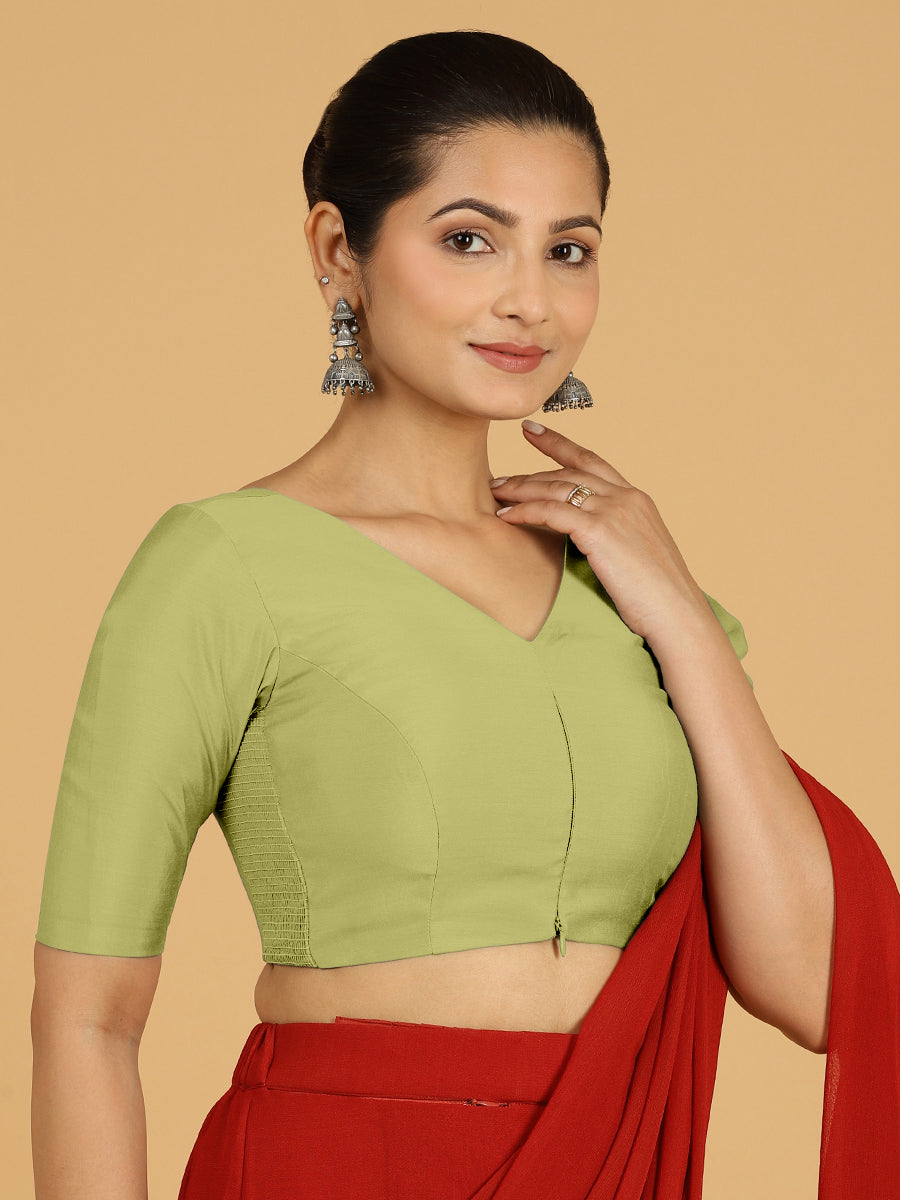 Shabana x Rozaana Saree Blouse, in Green Viscose, featuring elbow sleeves and curved v-neckline, made for daily & work (view 5).