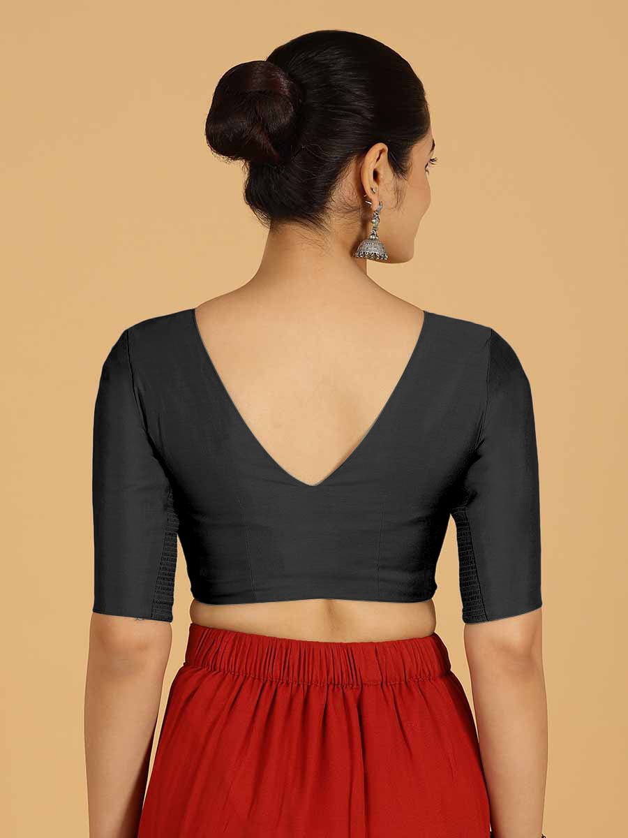 Shabana x Rozaana Saree Blouse, in Black Viscose, featuring elbow sleeves and curved v-neckline, made for daily & work (view 2).