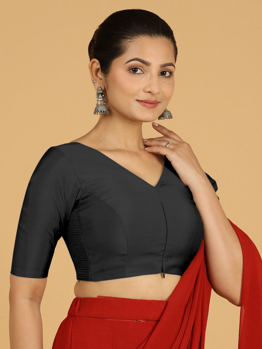 Shabana x Rozaana Saree Blouse, in Black Viscose, featuring elbow sleeves and curved v-neckline, made for daily & work (view 5).