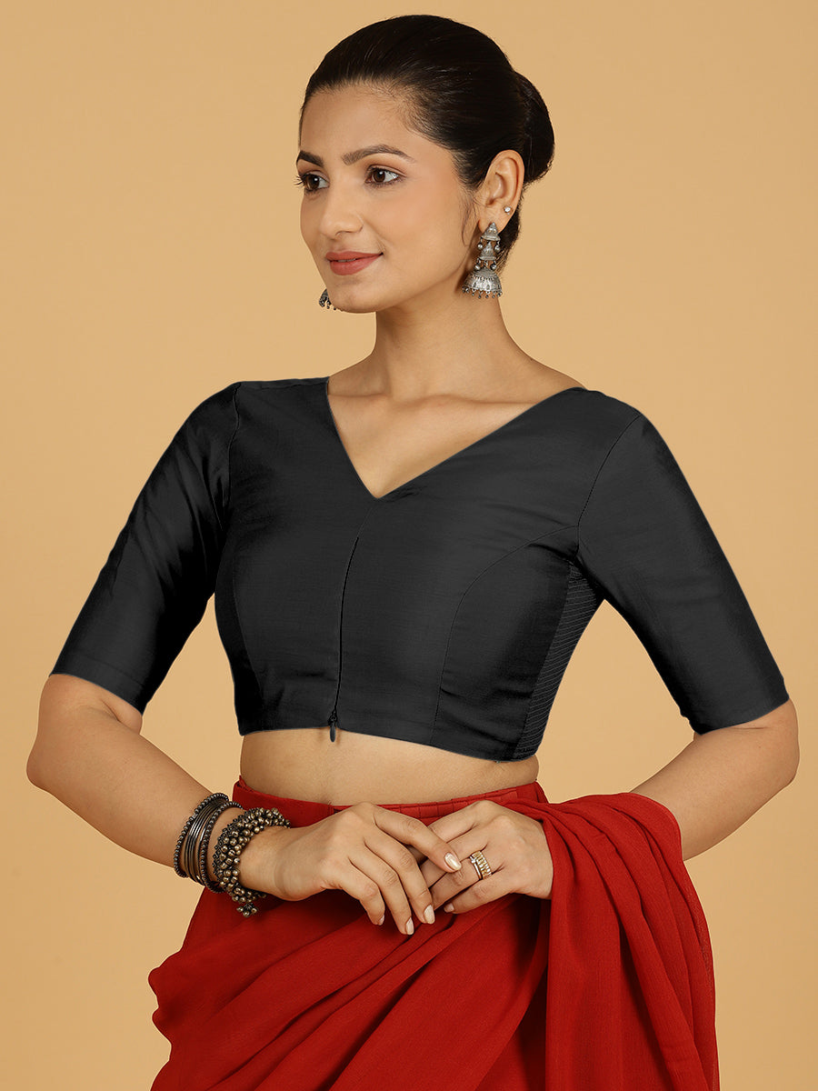 Shabana x Rozaana Saree Blouse, in Black Viscose, featuring elbow sleeves and curved v-neckline, made for daily & work (view 7).