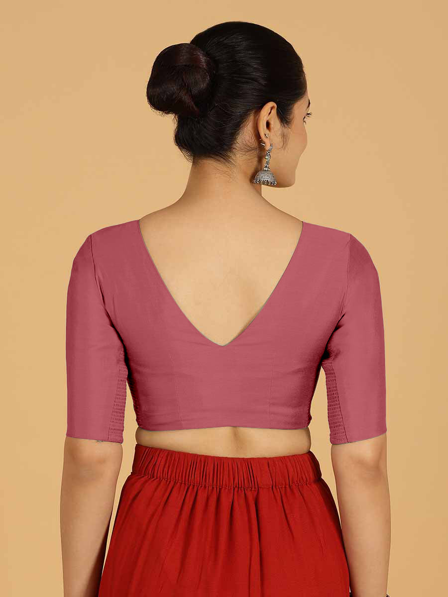 Shabana x Rozaana Saree Blouse, in Pink Viscose, featuring elbow sleeves and curved v-neckline, made for daily & work (view 2).