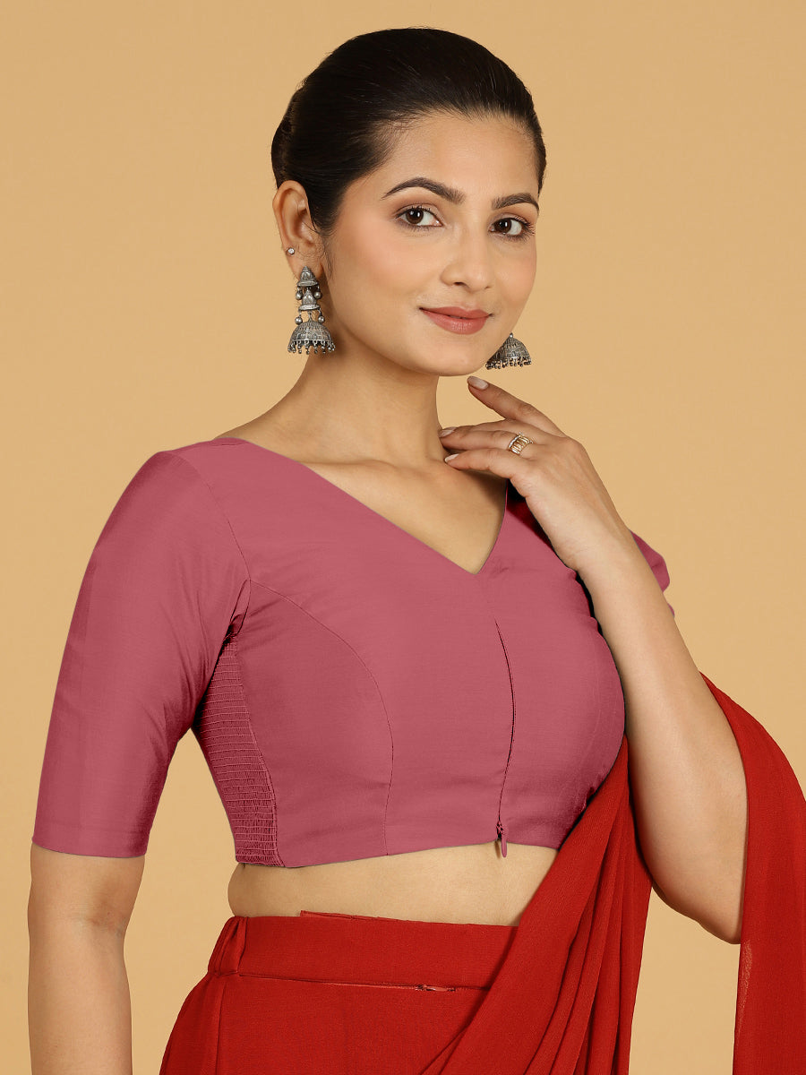 Shabana x Rozaana Saree Blouse, in Pink Viscose, featuring elbow sleeves and curved v-neckline, made for daily & work (view 5).