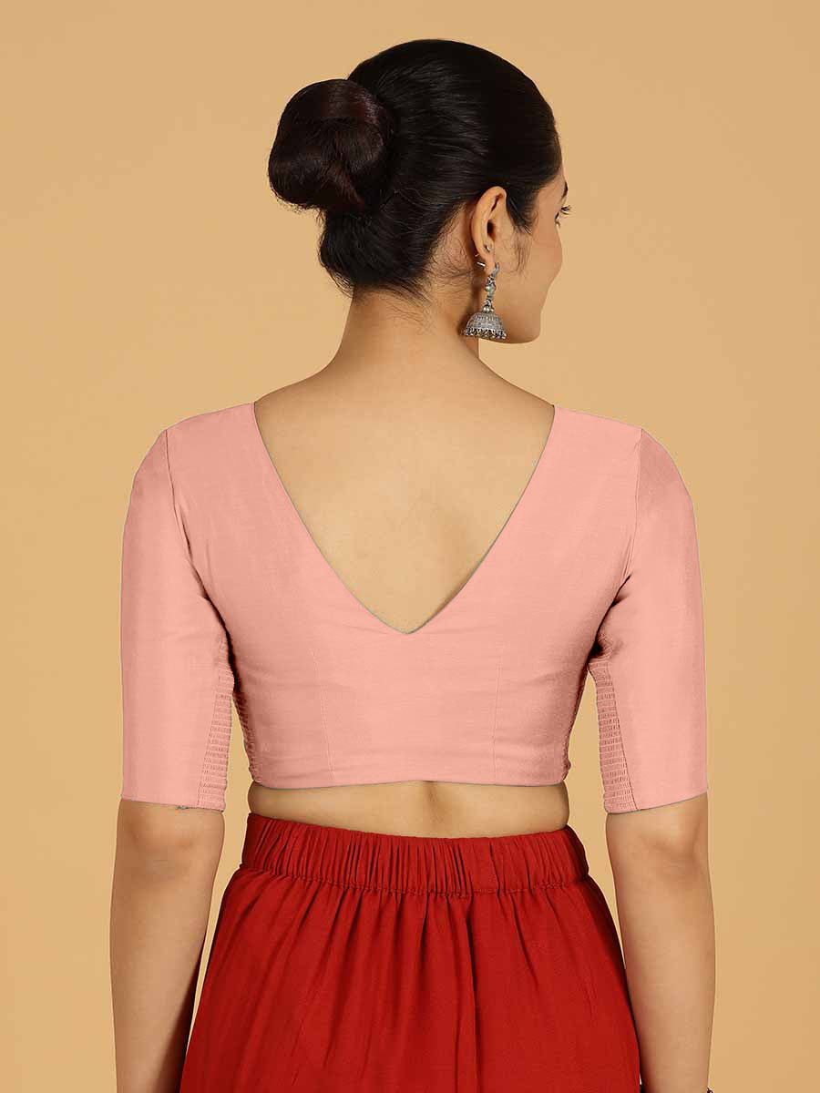 Shabana x Rozaana Saree Blouse, in Pink Viscose, featuring elbow sleeves and curved v-neckline, made for daily & work (view 2).