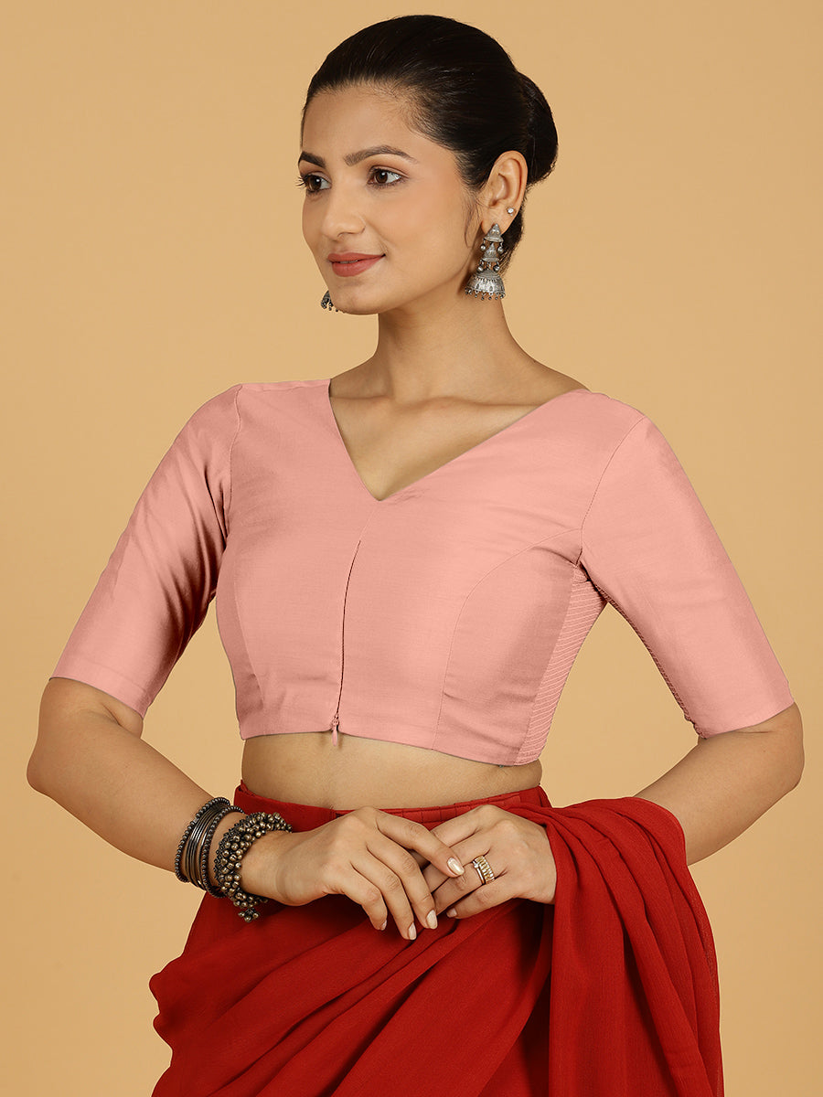 Shabana x Rozaana Saree Blouse, in Pink Viscose, featuring elbow sleeves and curved v-neckline, made for daily & work (view 6).