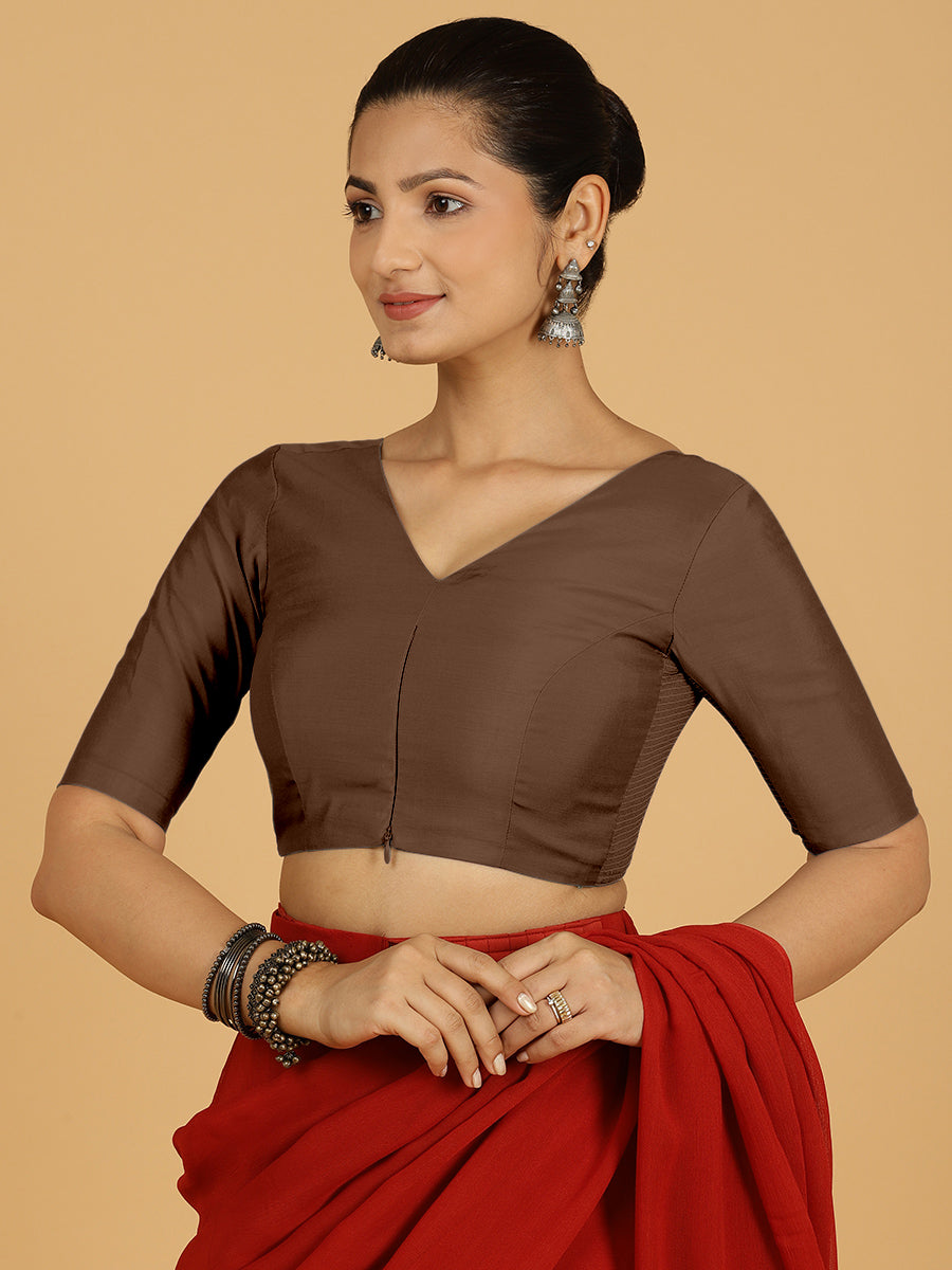 Shabana x Rozaana Saree Blouse, in Brown Viscose, featuring elbow sleeves and curved v-neckline, made for daily & work (view 7).
