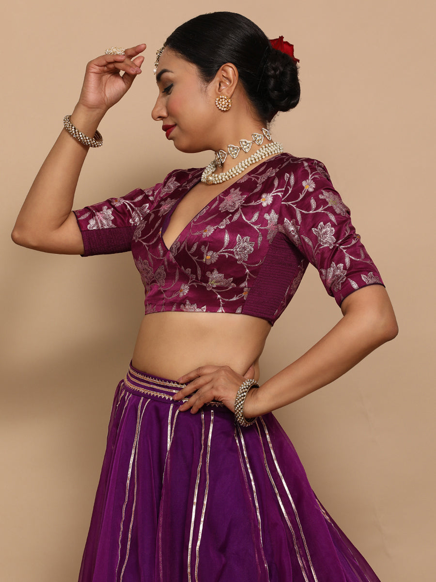 Shabnam x Tyohaar Saree Blouse, in Purple Embroidery & Brocade, featuring elbow sleeves and v-neckline (view 5).