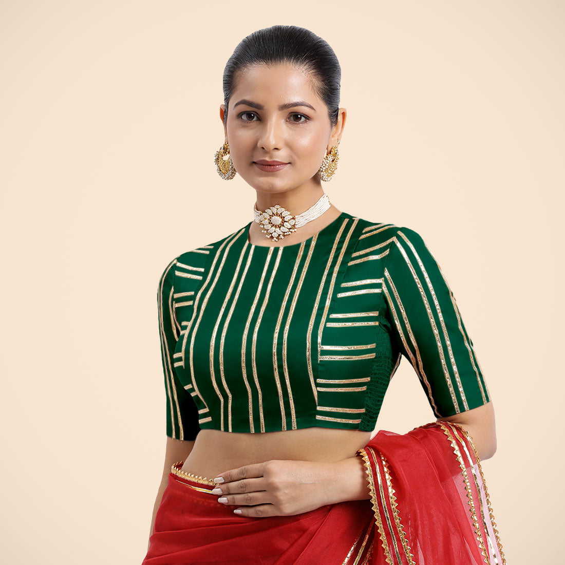 Shaheen x Tyohaar Saree Blouse, in Green Vegan Silk, featuring elbow sleeves, made for party & festive.