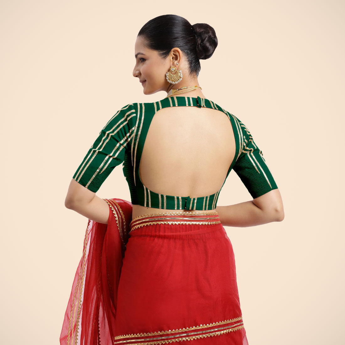 Shaheen x Tyohaar Saree Blouse, in Green Vegan Silk, featuring elbow sleeves, made for party & festive (view 7).