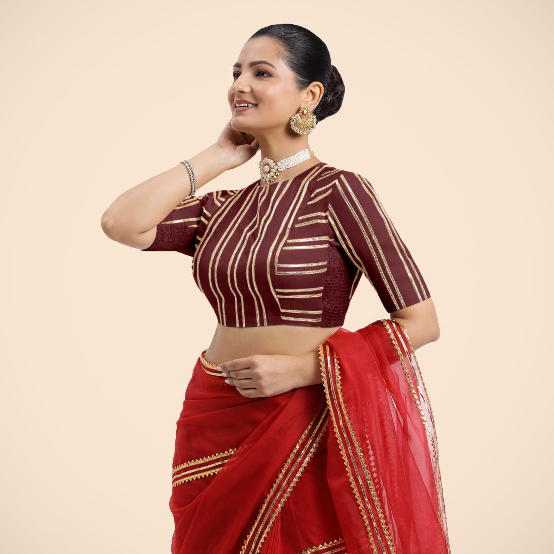 Shaheen x Tyohaar Saree Blouse, in Maroon Vegan Silk, featuring elbow sleeves, made for party & festive (view 3).